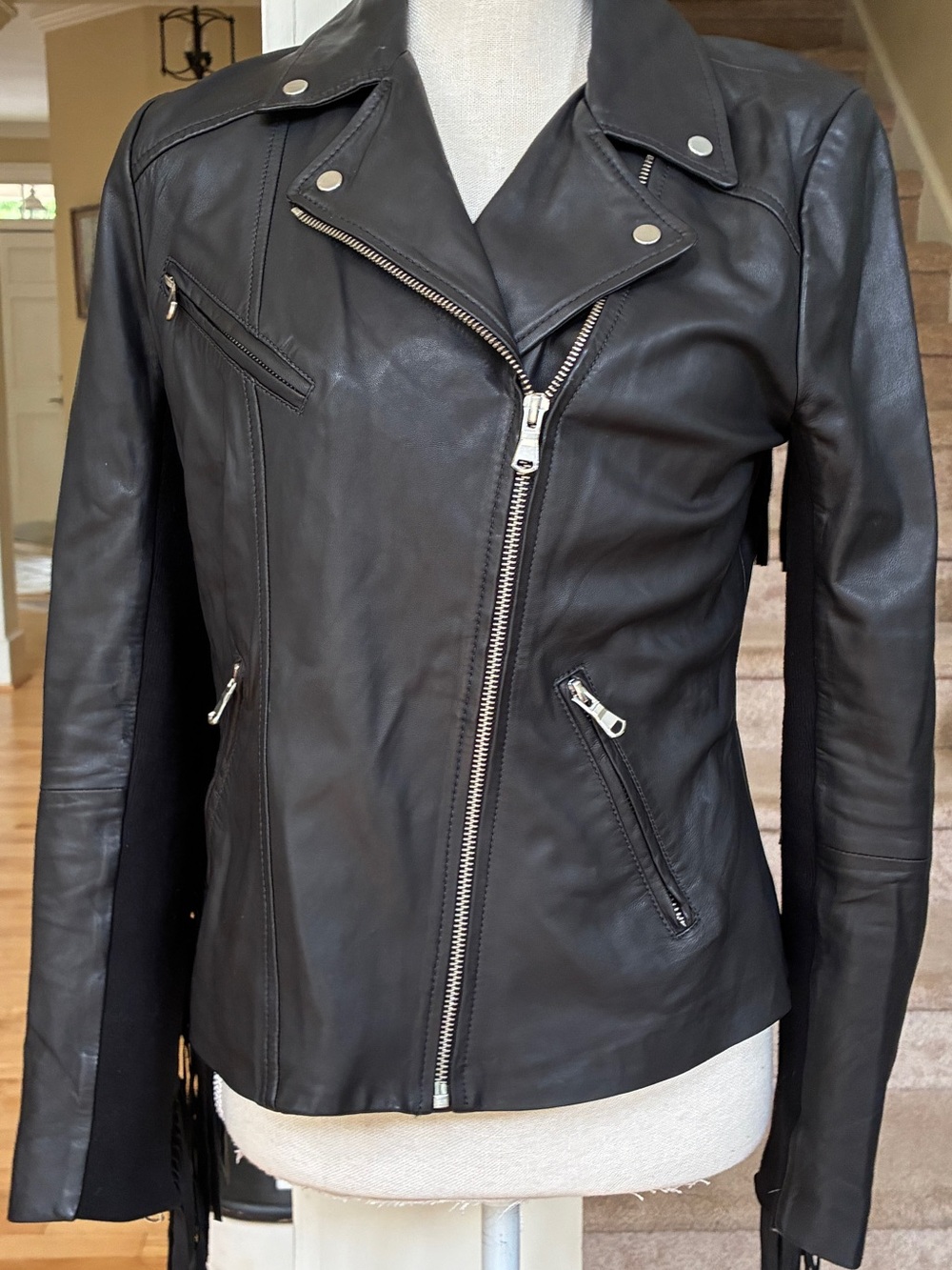Trouve Black Genuine  Leather Moto Jacket with Fringe